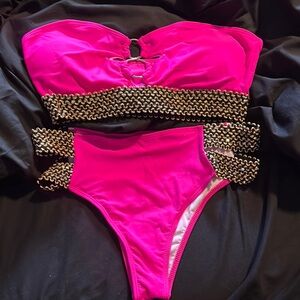 Vibrant Pink Strapless Bikini with Gold Accents